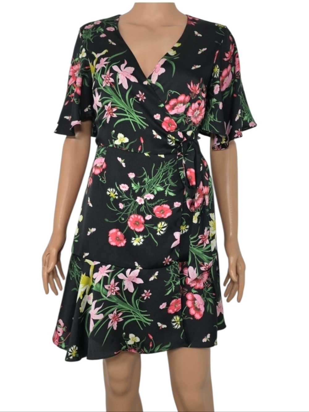 Idem ditto Floral Wrap Midi Dress in‎ Black with Pink & Green Print Size S Small
